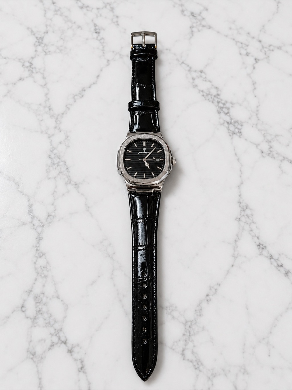 Black Leather Strap Men's Watch with Stainless Steel Case